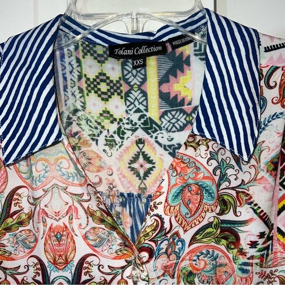 Tolani Collection Blouse Short Sleeve Button Down Paisley Blue White Stripe XXS - Picture 6 of 14